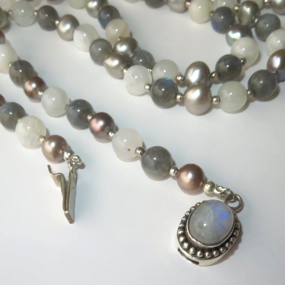 Stunning Extra LONG Moonstone Labradorite Pearl Sterling Silver Necklace - Picture 8 of 16